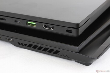 Razer Blade 17 (top) is flat along its rear unlike the protruding rear of the GS77 (bottom)
