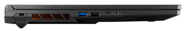 Left side: slot for a cable lock, USB 3.2 Gen 1 (USB-A), USB 2.0 (USB-A), mic in, audio combo