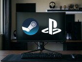 Steam and PlayStation logos shown on PC monitor