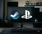 Steam and PlayStation logos shown on PC monitor
