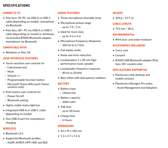 Poly Sync 20 - Specifications. (Source: Poly)