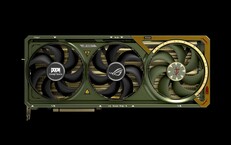 The ROG Astral GeForce RTX 5080 comes in green and gold like the Doom Slayer's outfit. (Image source: Asus/Bethesda