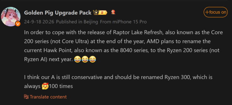Ryzen 200 series report from Golden Pig Upgrade (Image source: Weibo - machine translated)