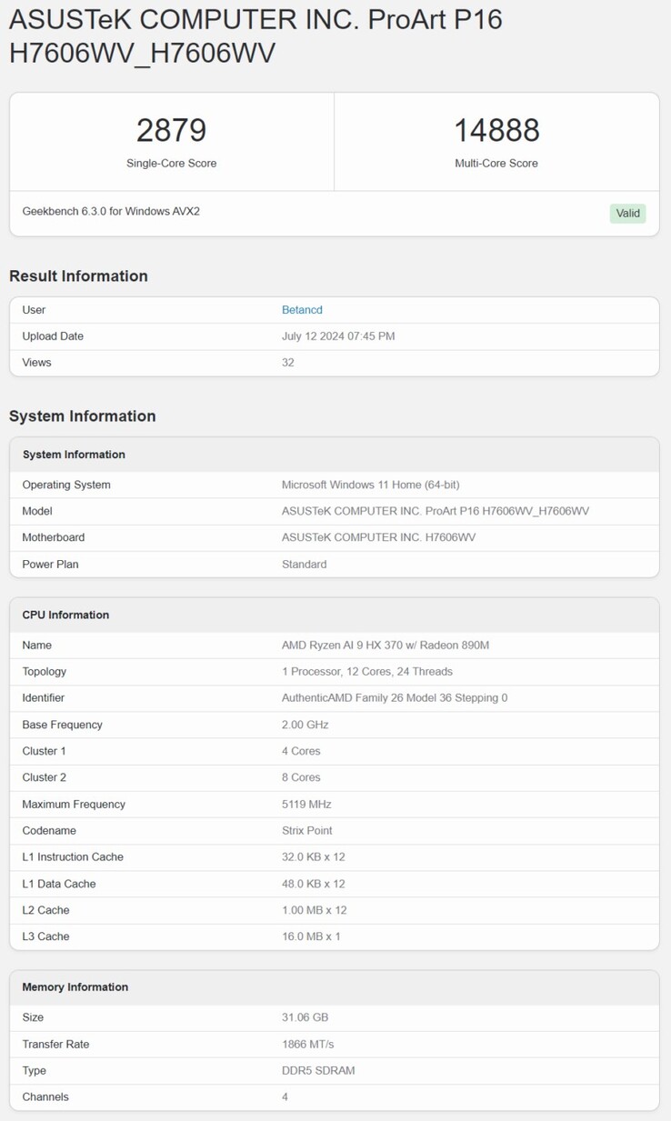 Ryzen AI 9 HX 370 Geekbench 6 result. (Image source: Geekbench)