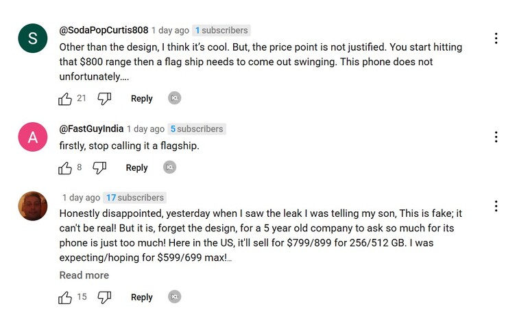 Top 3 comments from PhoneArena's video on Nothing Phone (3)