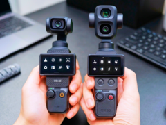 Osmo Pocket 3 (left) next to Osmo Pocket 4P (right).