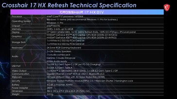 MSI Crosshair 17 HX - Specifications. (Image Source: MSI)