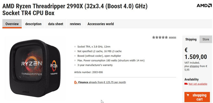 Purported retail pricing of the AMD Ryzen Threadripper 2990X. (Source: Cyberport / Videocardz)