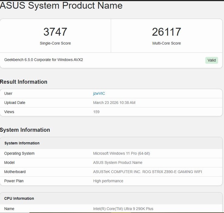 Core Ultra 9 290K Plus Geekbench 6.5 performance.