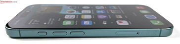 Left: Action button, volume buttons, nano-SIM