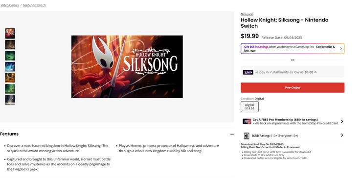 Hollow Knight: Silksong GameStop Switch pre-order listing (Image source: screenshot, GameStop)