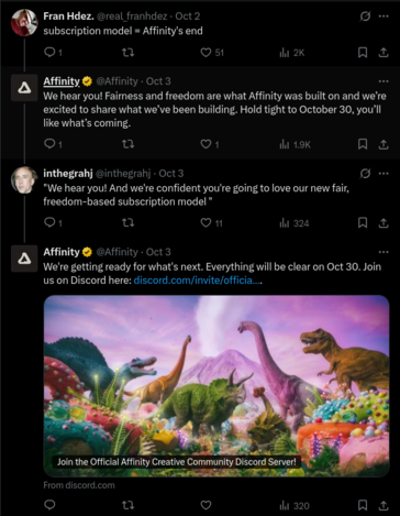 Affinity's reply to users asking about a new pricing model. (Image source: Affinity on X)