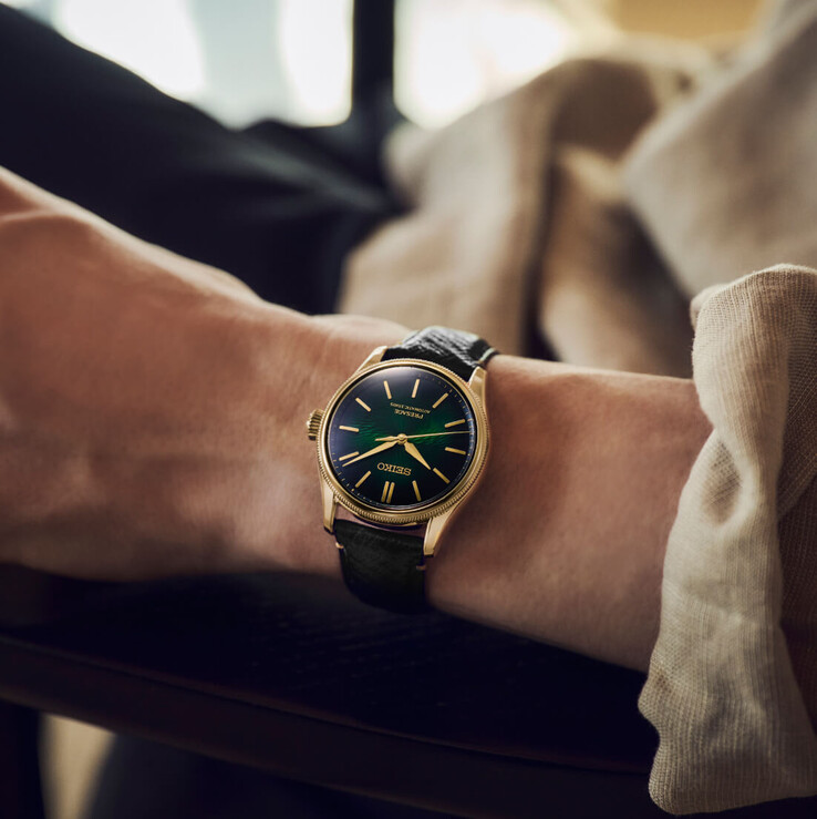 Seiko Presage Classic x Tradman’s Bonsai watch worn on a wrist with a black leather strap and dark green dial.