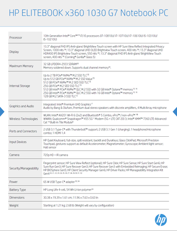 HP Elitebook x360 1030 G7 - Specifications. (Image Source: HP)