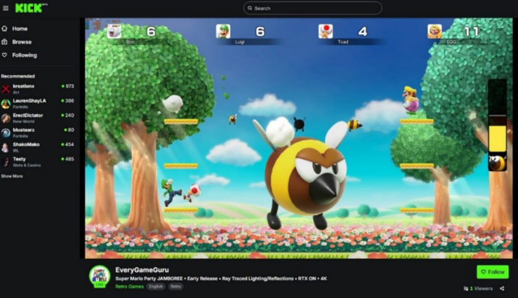 EveryGameGuru's Kick page, which seems to have been taken down since Nintendo filed a lawsuit against Jesse Keighin. (Image source: Kick via 404 Media)