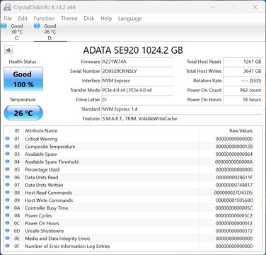 ADATA SE920 operates with PCIe 4.0 x4