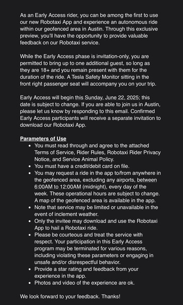 Tesla Robotaxi service trial terms.