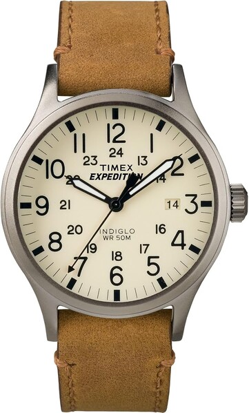 Timex Expedition Scout with a cream dial and brown leather strap