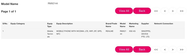 The "Realme X50 4G" on the IMDA database. (Source: Twitter)