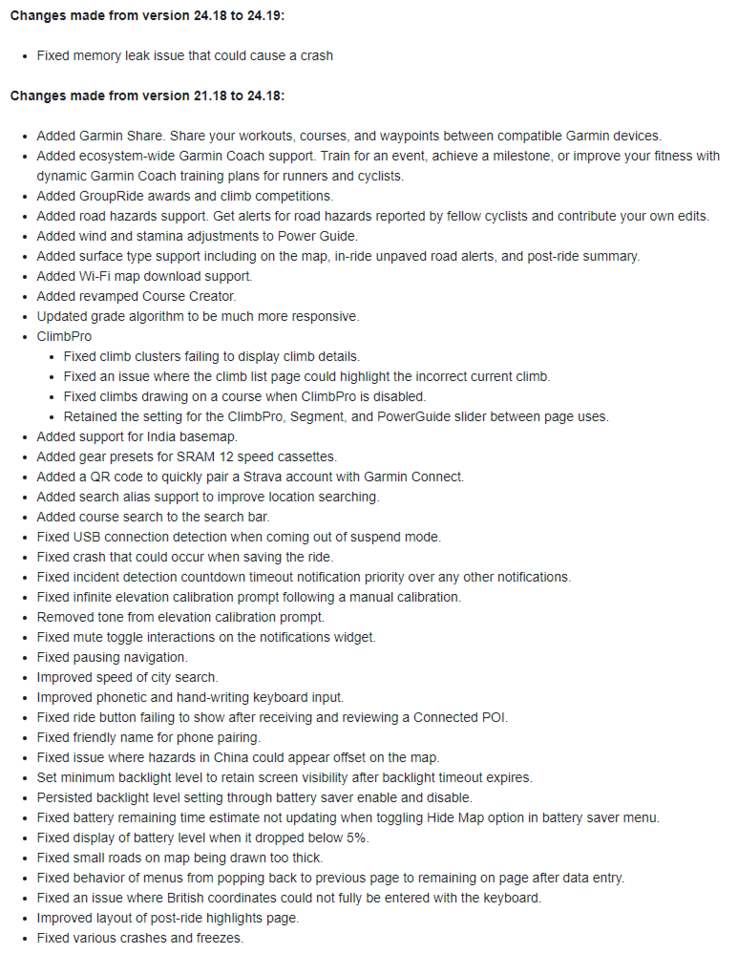 The change log for stable software version 24.19 for some Garmin Edge devices. (Image source: Garmin)