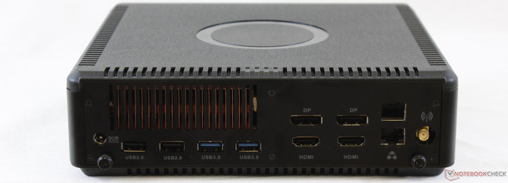 Rear: AC adapater, 2x USB 2.0, 2x USB 3.0, 2x HDMI 2.0, 2x DisplayPort 1.3, 2x Gigabit Ethernet, Antenna