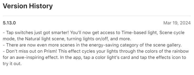The change log for the Philips Hue app version 5.13.0. (Image source: Apple App Store)