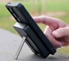 An aluminum stand in the 10,000 mAh Rokform MagSafe power bank holds the attached phone up for hands-free use. (Image source: Rokform)