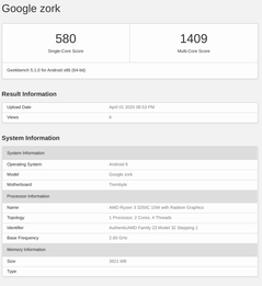 The Ryzen 3 3250C and 4 GB of RAM SKU. (Image source: Geekbench)