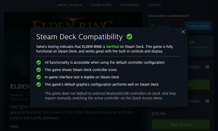 Elden Ring is Steam Deck verified. (Image source: @Wario64)