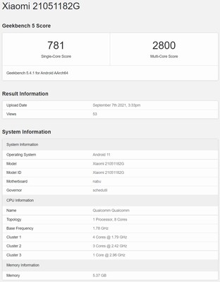 Xiaomi Pad 5 global model on Geekbench. (Image source: Geekbench via @TechnoAnkit1)