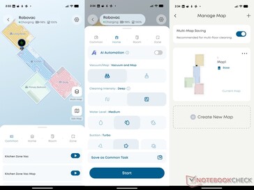 eufy app showing charging animation, cleaning options, and map manager.