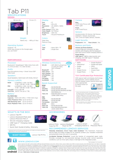 Lenovo Tab P11 - Specifications. (Image Source: Lenovo)