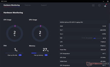 MSI Center hardware monitoring. Note that the Power Plan always reads Balanced which is likely a bug in our current version of the software