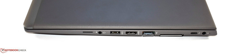 Right-hand side: SIM slot, 3.5 mm jack, USB 3.0 Type-A port, HDMI, RJ45 Ethernet, docking port, USB Type-C Thunderbolt 3 port, power connector