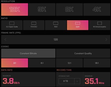 The Ursa can record in multiple aspect ratios, compression modes, and bitrates, including 12K 2.4:1 at 120 fps. (Source: Blackmagic)