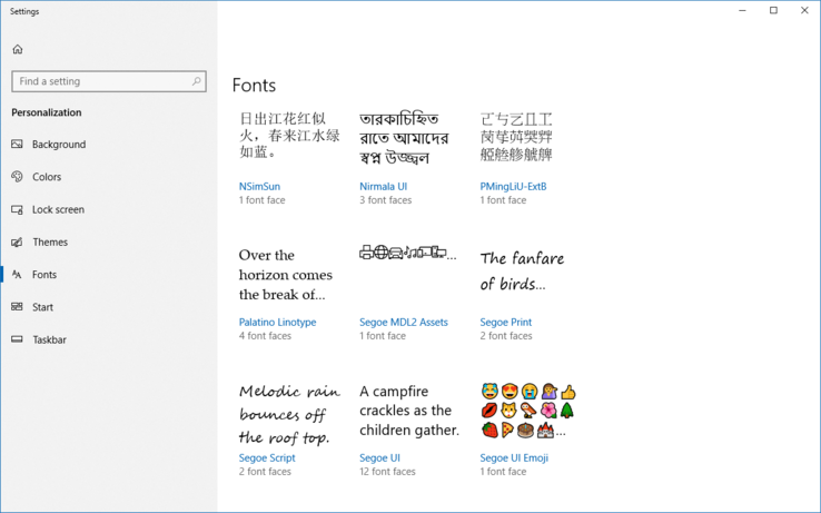 The new Fonts section of the Settings app in Windows 10 Build 17083. (Source: Microsoft)