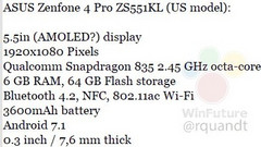 Asus ZenFone 4 Pro ZS551KL leaked specs