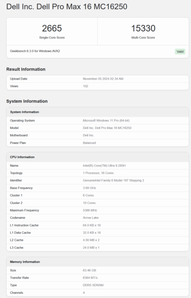 Intel Core Ultra 9 285H Geekbench performance (image source: Geekbench)