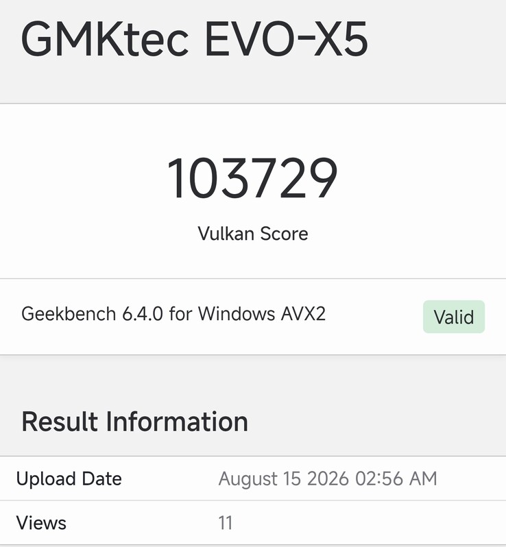 The Geekbench listing for the GMKtec EVO-X5
