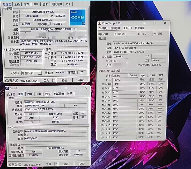 Core i5-14600K CPU-Z and Core Temp information. (Source: @9550pro on Twitter)