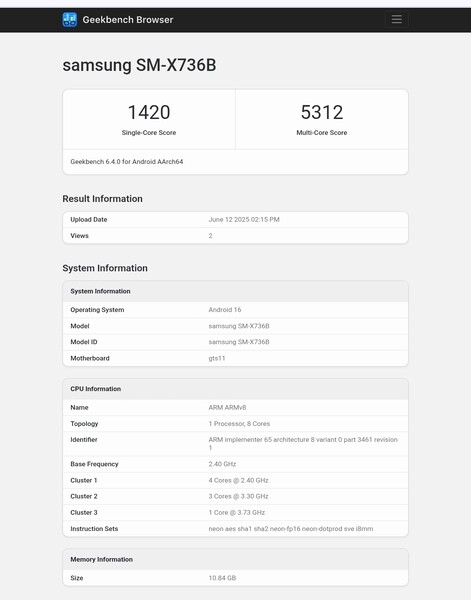 Galaxy Tab S11 Geekbench listing (image source: Abhishek Yadav on X)