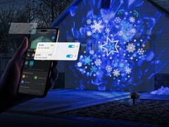 Govee’s Outdoor Decoration Projector Light (to the right, with the Govee phone app on the left) has been released globally. (Image source: Govee)