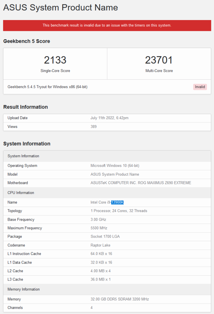Intel Core i9-13900K Geekbench score (image via Geekbench)