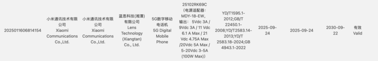 Certification of smartphone with model number 25102RK69C. (Image source: 3C certification)