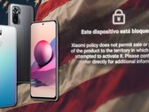 The Spanish text reads "this device is locked" - Redmi Note 10S pictured. (Image source: Xiaomi/Reddit/Unsplash - edited)