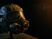 Close-up of the Metro 2039 Collector's Edition Spartan helmet replica, featuring a dark visor, integrated gas-mask elements and battle-worn detailing.