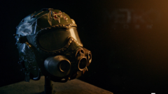 Close-up of the Metro 2039 Collector's Edition Spartan helmet replica, featuring a dark visor, integrated gas-mask elements and battle-worn detailing.