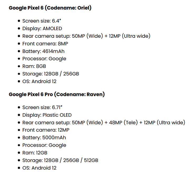 The new gamut of alleged Pixel 6-series specs. (Source: FrontPageTech)