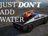 Elon Musk flaunted the Cybertruck as being able to termporarily operate as a boat, but the truck seems to be having a hard time keeping its insides dry in the rain. (Image source: Tesla - edited)