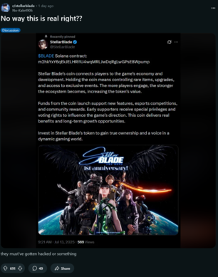 Hacked Stellar Blade X account with crypto scam post (Image source: screenshot, Stellar Blade subreddit)